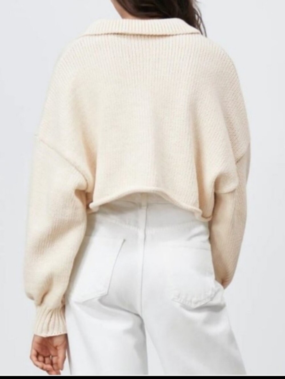 ZARA Cropped Cream Balloon Sleeved Polo Collar KnitSweater Sz Small - Picture 8 of 8